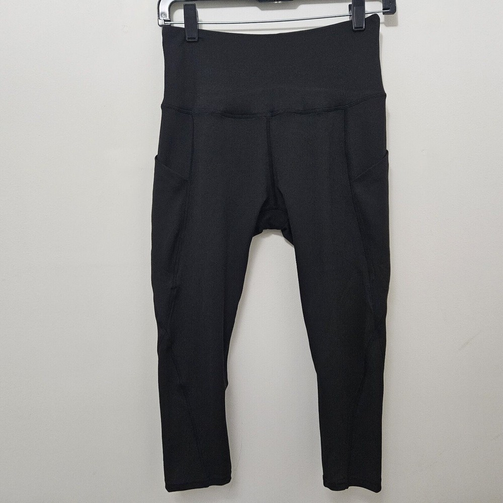 Women's Black Leggings Calf Length Waistband Side Pockets Size S